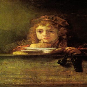 May include: A painting of a young person with curly blonde hair, wearing a hat and a dark outfit, looking down at a stack of papers. The person is holding a pen and inkwell. The painting has a dark, moody atmosphere.