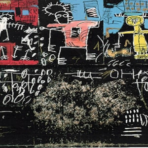 Puede incluir: Pintura abstracta con fondo negro y figuras coloridas. Las figuras est&aacute;n dibujadas en un estilo simple con contornos negros y rellenas de colores brillantes. La pintura est&aacute; llena de energ&iacute;a y movimiento. El texto "OH HAYO" est&aacute; escrito en pintura blanca sobre el fondo negro.