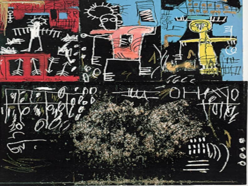 Puede incluir: Pintura abstracta con fondo negro y figuras coloridas. Las figuras est&aacute;n dibujadas en un estilo simple con contornos negros y rellenas de colores brillantes. La pintura est&aacute; llena de energ&iacute;a y movimiento. El texto "OH HAYO" est&aacute; escrito en pintura blanca sobre el fondo negro.