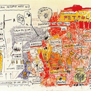 Op de afbeelding: Een abstract kunstwerk met handgeschreven tekst en diagrammen in rood, geel, blauw en zwart op een witte achtergrond. De woorden "PETROL", "ASBESTOS" en "PLUTO" zijn zichtbaar. De stijl doet denken aan graffiti-kunst.