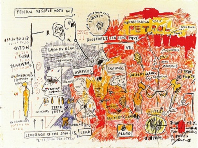 Op de afbeelding: Een abstract kunstwerk met handgeschreven tekst en diagrammen in rood, geel, blauw en zwart op een witte achtergrond. De woorden "PETROL", "ASBESTOS" en "PLUTO" zijn zichtbaar. De stijl doet denken aan graffiti-kunst.