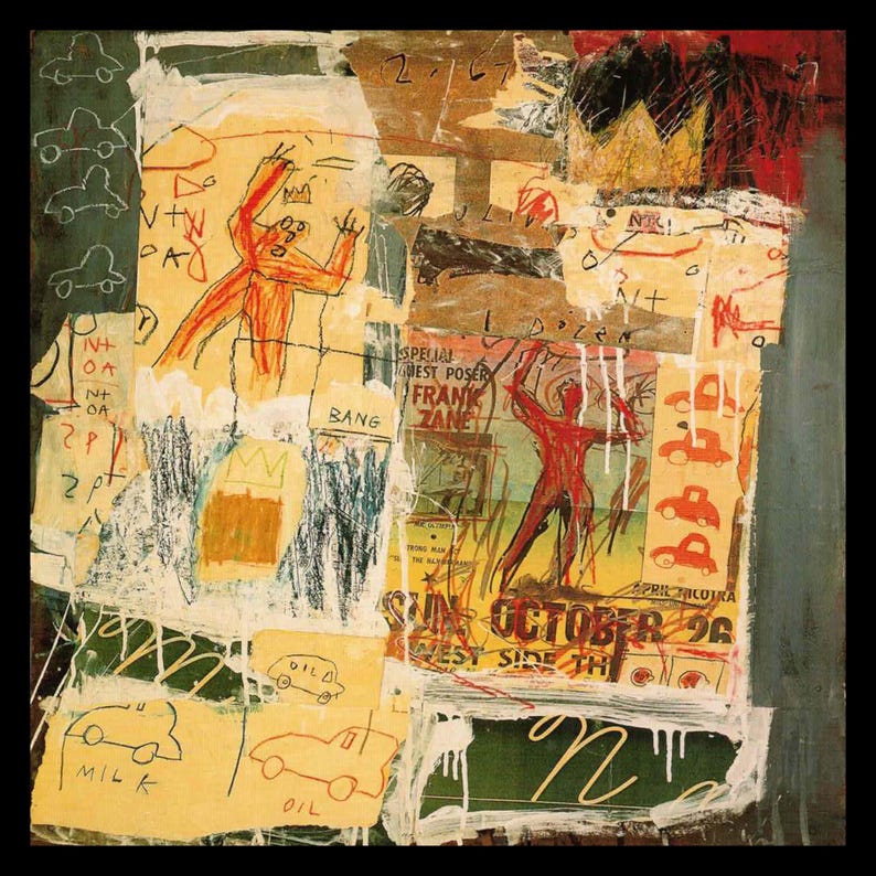 Puede incluir: Una pintura abstracta colorida con un collage de im&aacute;genes y texto. La pintura presenta una figura roja con una corona, una figura amarilla con una corona y un cartel con el texto "SPECIAL WEST POSER FRANK ZANE". La pintura tambi&eacute;n incluye el texto "BANG", "MILK", "OIL" y "SUN OCTOBER 26 WEST SIDE TH".