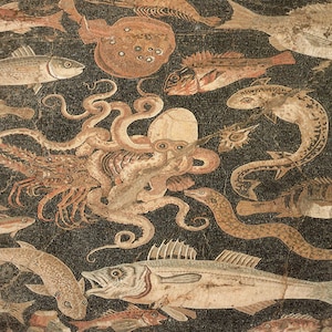 Artist Unknown: &quot;Marine Still Life; Pompeii Mosaic&quot;, Extremely Rare Original Bookplate Print, Mosaic Circa 79 A.D.; Italian Art