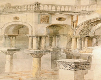 John Ruskin: “The South Side Of The Basilica Of St. Mark’s Venice" Extremely Rare Vintage Bookplate Print, Painting Circa 1864. Architecture