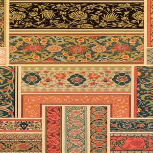 May include: A collection of colorful, intricate patterns featuring floral motifs and geometric designs. The patterns are arranged in a grid-like format, creating a visually appealing and symmetrical composition.