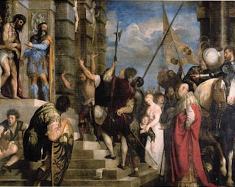 Tiziano: “Ecco Homo”, lámina original nueva, extremadamente rara, con ex libris. Pintura circa 1543. Arte barroco; lámina de arte religioso.