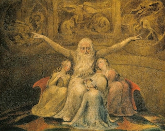 William Blake: “Job And His Daughters", Extremely Rare Original Bookplate Print, Painting Circa 1800. Religious Art; Religious Art Print