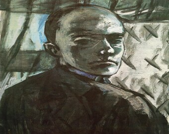 Max Beckman: “Self-Portrait With Green Curtain", Extremely Rare Vintage Bookplate Print, Painting Circa 1940. Expressionism Art Print