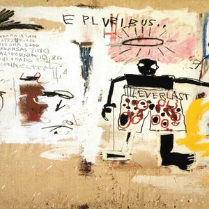 Puede incluir: Pintura abstracta con una figura sosteniendo una antorcha, usando pantalones cortos con c&iacute;rculos rojos y la palabra "EVERLAST". La pintura incluye el texto "E PLURIBUS" y nombres y n&uacute;meros de estados escritos a mano. La obra est&aacute; sobre un fondo texturizado blanquecino.