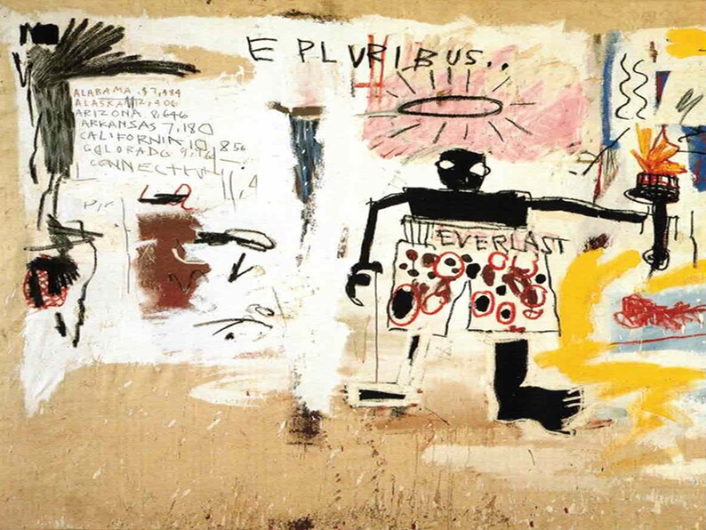 Puede incluir: Pintura abstracta con una figura sosteniendo una antorcha, usando pantalones cortos con c&iacute;rculos rojos y la palabra "EVERLAST". La pintura incluye el texto "E PLURIBUS" y nombres y n&uacute;meros de estados escritos a mano. La obra est&aacute; sobre un fondo texturizado blanquecino.