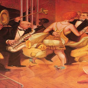 May include: A painting depicting a lively jazz scene with a band playing instruments, including a saxophone and trumpet, while couples dance in the foreground. The painting is done in a vibrant style with warm colors, including shades of red, orange, and yellow.