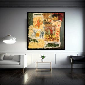 Puede incluir: Una pintura abstracta colorida con estilo collage. La pintura presenta una variedad de texturas y colores, incluyendo rojo, amarillo, verde y azul. La pintura est&aacute; enmarcada en negro y est&aacute; colgada en una pared blanca.