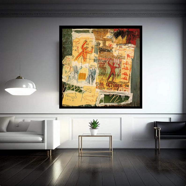 Puede incluir: Una pintura abstracta colorida con estilo collage. La pintura presenta una variedad de texturas y colores, incluyendo rojo, amarillo, verde y azul. La pintura est&aacute; enmarcada en negro y est&aacute; colgada en una pared blanca.