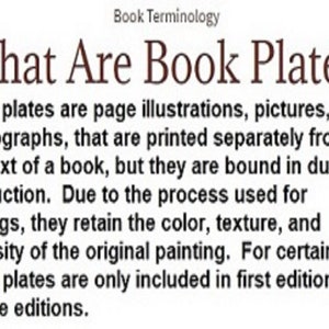 Puede incluir: Texto que explica qu&eacute; son las l&aacute;minas de libros. Las l&aacute;minas de libros son ilustraciones de p&aacute;gina, im&aacute;genes o fotograf&iacute;as impresas por separado del texto de un libro, pero encuadernadas durante la producci&oacute;n. Conservan el color, la textura y la intensidad de la pintura original. Para ciertos t&iacute;tulos, las l&aacute;minas solo se incluyen en las primeras ediciones o en las ediciones de lujo.