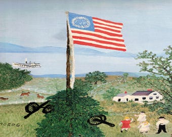Grandma Moses: “La Bandera”, lámina original extremadamente rara con ex libris, pintura circa 1958. Americana; Arte Americana; Arte Realista