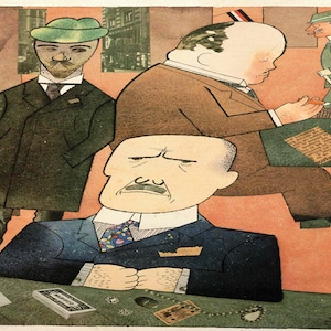 May include: An illustration featuring several men in suits and hats, engaged in various activities. The artwork has a vintage style, with a muted color palette of browns, greens, and blues. One man sits at a table with playing cards and other items.