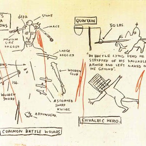 Puede incluir: Un dibujo en blanco y negro de un caballero con armadura con varias armas y lesiones. El dibujo est&aacute; etiquetado como "Heridas comunes de batalla" e incluye texto que describe las armas y las lesiones.