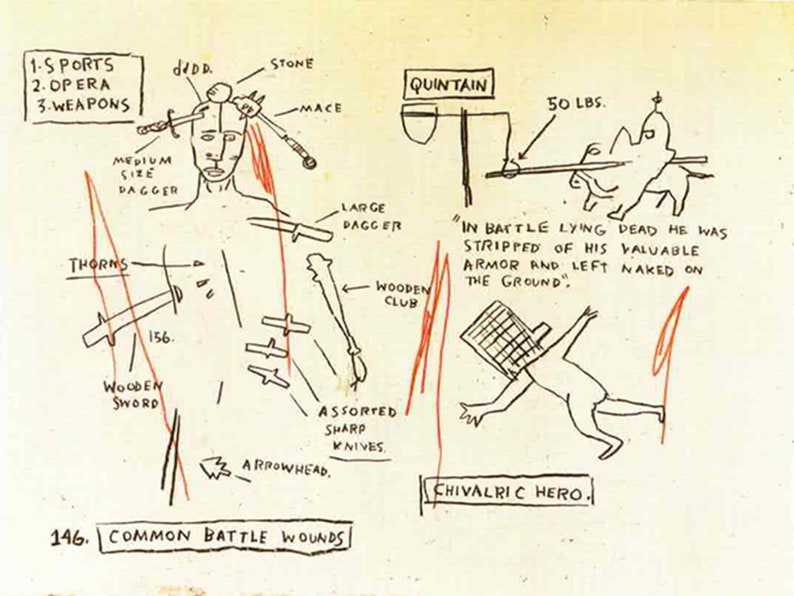 Puede incluir: Un dibujo en blanco y negro de un caballero con armadura con varias armas y lesiones. El dibujo est&aacute; etiquetado como "Heridas comunes de batalla" e incluye texto que describe las armas y las lesiones.