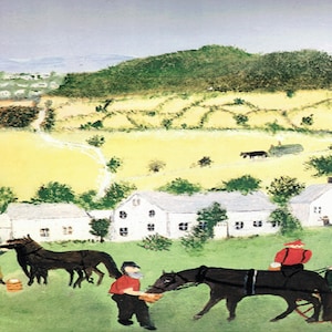 Grandma Moses: “Feeding The Horses&quot;, Extremely Rare Original Bookplate Print, Painting Circa 1947. Grandma Moses; Grandma Moses Art Print