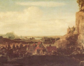 Hercules Segers: "A River Valley With A Group of Houses", Extremely Rare Vintage Bookplate Print, Painting Circa 1625. Old World Art