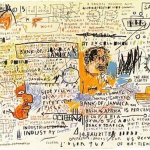 May include: Mixed media artwork with handwritten text and drawings. Features a portrait, a boat, and the words "Bank of Jamaica." The artwork includes the text "Marcus Garvey" and "Back to Africa."