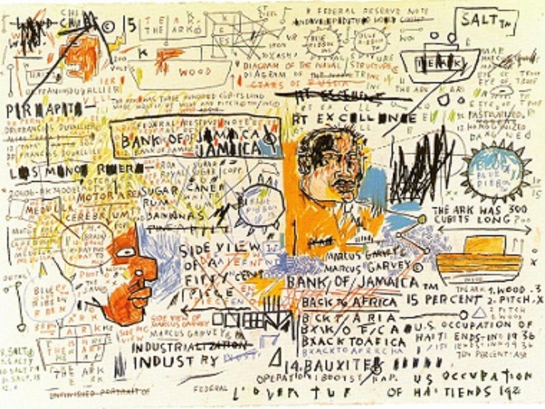 May include: Mixed media artwork with handwritten text and drawings. Features a portrait, a boat, and the words "Bank of Jamaica." The artwork includes the text "Marcus Garvey" and "Back to Africa."