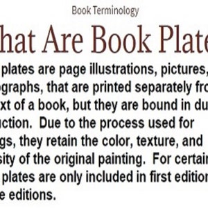 May include: Text on a white background reads "What Are Book Plates?" in a dark red font. The text explains that book plates are illustrations or photographs printed separately from the book's text, bound during production.