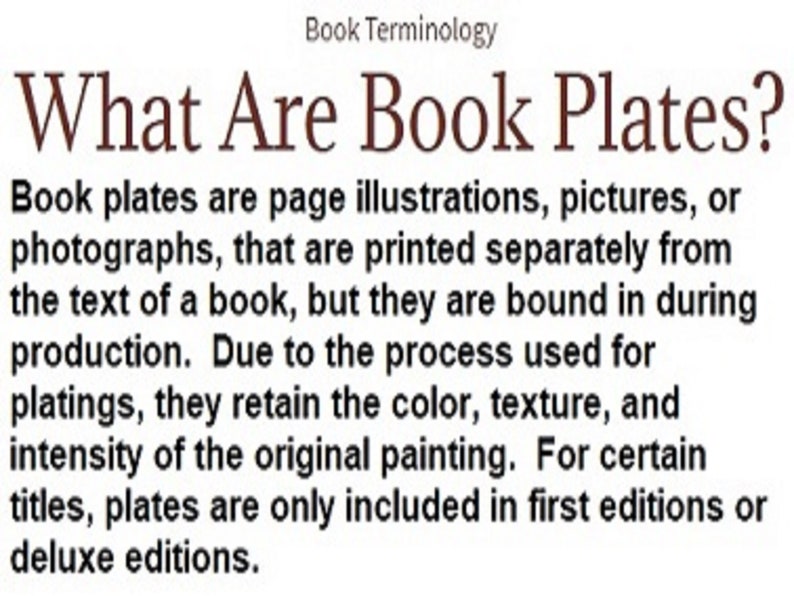 May include: Text on a white background reads "What Are Book Plates?" in a dark red font. The text explains that book plates are illustrations or photographs printed separately from the book's text, bound during production.