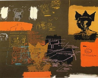 Jean-Michel Basquiat: “Blue Ribbon I", Extremely Rare Original Bookplate Print, Painting Circa 1983. Modern Art Print; Basquiat Art Print