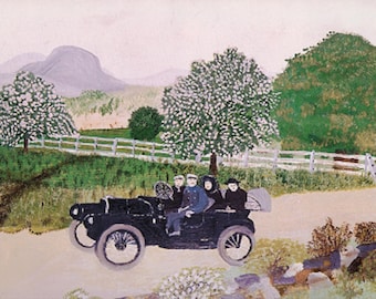 Grandma Moses: “First Automobile&quot;, Extremely Rare Original Bookplate Print, Painting Circa 1944. Grandma Moses; Grandma Moses Art; Americana