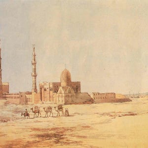 May include: A watercolor painting depicting a mosque with two minarets and a domed building in the background. The scene is set in a desert landscape with a group of camels and people walking in the foreground.