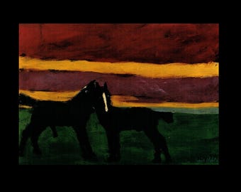 Emil Nolde: “Young Black Horses", Extremely Rare Vintage Bookplate Print, Painting Circa 1910.  Matboard Mounted. Expressionism Art Print
