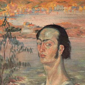 May include: A painting of a person with dark hair and a pale complexion. The person is looking directly at the viewer. The background is a landscape with a body of water and a town in the distance.