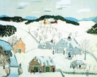 Grandma Moses: “El viejo cubo de roble en invierno”, lámina original extremadamente rara con ex libris, pintura circa 1947. Americana; Arte americano