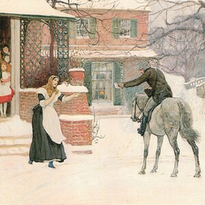 May include: An illustration depicts a winter scene with a mail carrier on horseback delivering a letter. A woman in a long skirt and apron reaches out, while children and another woman watch from a porch. Snow covers the ground and rooftops.
