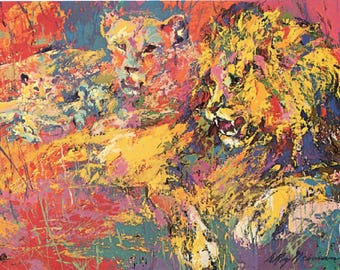 LeRoy Neiman: “Retrato de la familia de los leones”, impresión vintage extremadamente rara, pintura de alrededor de 1971. Arte de LeRoy Neiman; Arte del baloncesto