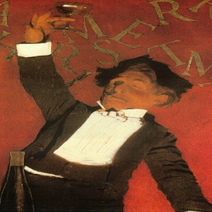 May include: An illustration of a man in a tuxedo raising a glass in a toast. The background is red with the words "A Merry Christmas" in gold lettering. Three wine bottles are visible in the foreground.