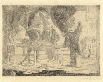 James Ensor: «El Asesinato», Ex libris vintage extremadamente raro. Grabado en zinc circa 1888. Arte simbolista; Impresión artística simbólica.