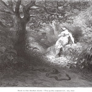 May include: A black and white engraving depicting a woman standing in a forest. She is nude and holding a flower. A snake is coiled at her feet. The text "Back to the thicket slunk / The guilty serpent (Gen. iii. 1, 24, 25)" is at the bottom of the image.