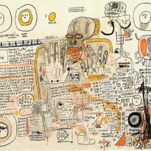 May include: A colorful abstract painting with a central figure and many details. The painting includes text, circles, and lines. The figure is gray and has a red mouth. The painting is on a white background.