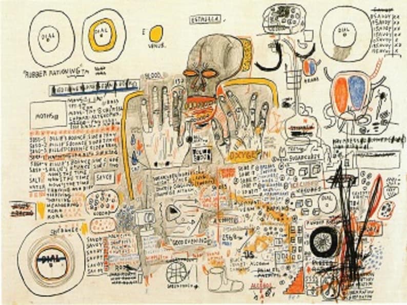 May include: A colorful abstract painting with a central figure and many details. The painting includes text, circles, and lines. The figure is gray and has a red mouth. The painting is on a white background.