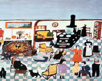 Grandma Moses: “Old Time&quot;, Extremely Rare Original Bookplate Print, Painting Circa 1944. Grandma Moses; Americana Art; Americana Art Print