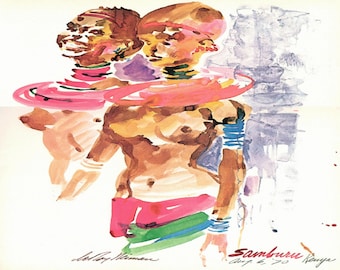 LeRoy Neiman: “Samburu, Kenya", Extremely Rare Vintage Full Page Bookplate Print, Painting Circa 1970. LeRoy Neiman Art; LeRoy Neiman Print