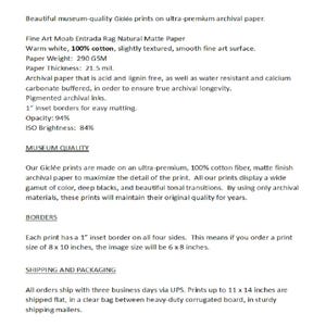 Puede incluir: Papel Fine Art Moab Entrada Rag Natural Mate, un blanco c&aacute;lido, 100% algod&oacute;n, ligeramente texturizado, superficie lisa de arte fino. Peso del papel: 290 g/m&sup2;, grosor del papel: 21,5 mil. Libre de &aacute;cido y lignina, resistente al agua y tamponado con carbonato de calcio. Tintas de archivo pigmentadas. Bordes empotrados de 1" para un f&aacute;cil enmarcado. Opacidad: 94%, Brillo ISO: 84%.