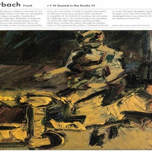 May include: A close-up of an abstract painting depicting a seated figure. The painting is done in a bold, expressive style with thick layers of paint in shades of yellow, brown, and black.