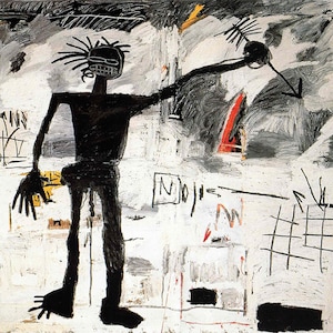 Puede incluir: Pintura expresionista abstracta con una figura negra con una corona de espinas, una forma roja y negra, y l&iacute;neas y garabatos negros sobre un fondo blanco.