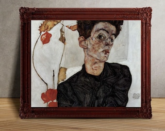Impresión Giclée de Bellas Artes; "Autorretrato con frutas de farolillo chino" de Egon Schiele; Impresión Giclée; Impresión Simbolista; Simbolismo