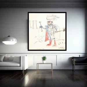 Puede incluir: Un dibujo en blanco y negro de una persona sosteniendo un palo con un c&iacute;rculo sobre su cabeza. El dibujo est&aacute; enmarcado en negro y est&aacute; colgado en una pared blanca.