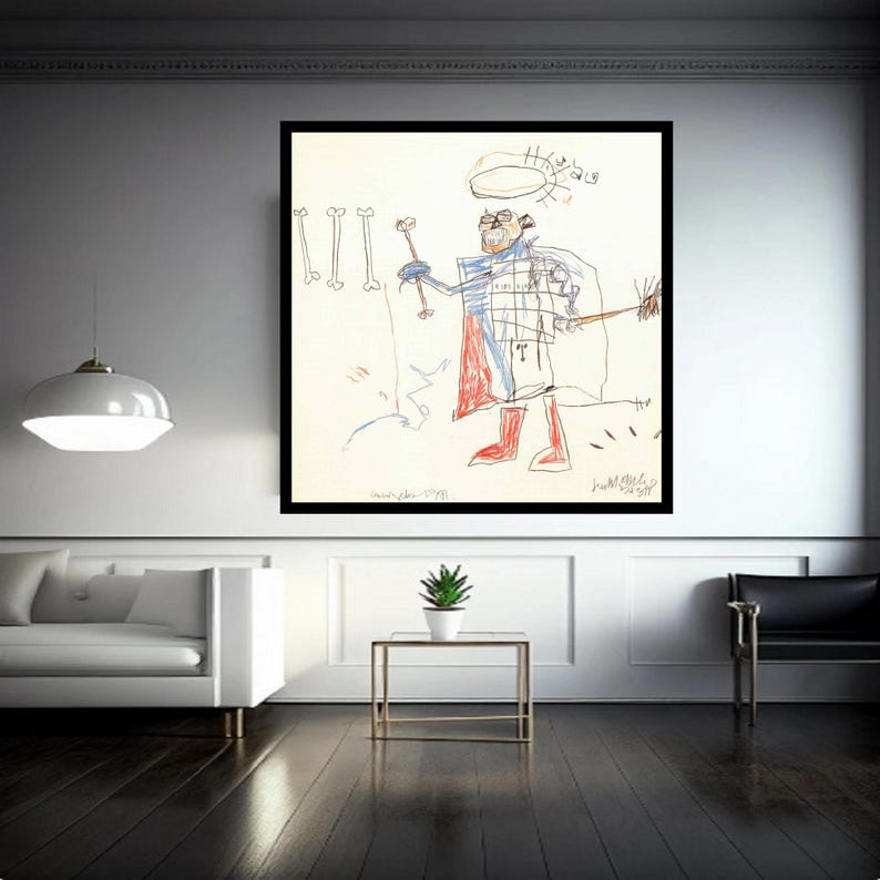 Puede incluir: Un dibujo en blanco y negro de una persona sosteniendo un palo con un c&iacute;rculo sobre su cabeza. El dibujo est&aacute; enmarcado en negro y est&aacute; colgado en una pared blanca.