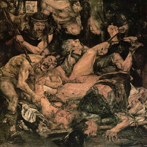 May include: A painting depicting a chaotic scene of violence and struggle. Figures are intertwined in a tangle of limbs and weapons, with expressions of pain and aggression. The painting is rendered in a dark and gritty style, with muted colors and thick brushstrokes.